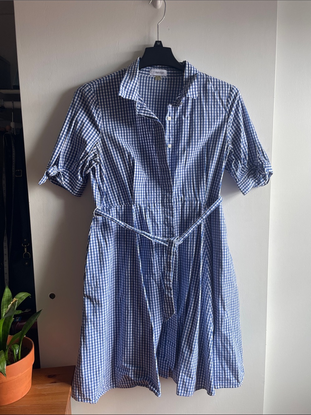 Calvin Klein A-Line Gingham Midi Shirt Dress